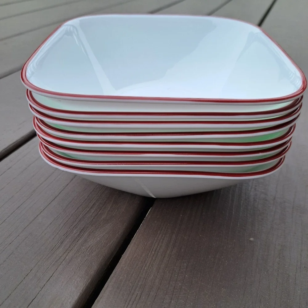 CORELLE SQUARE SOUP CEREAL BOWLS RED FERN RIM‎ 6 3/8 